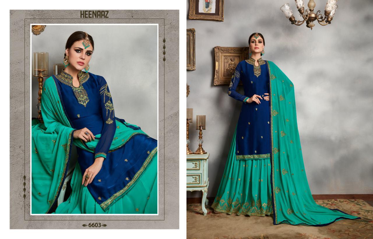 Heenaz Vol-66 By Mahaveer Fashion 6600 To 6606 Series Suits Beautiful Stylish Fancy Colorful Designer Party Wear & Ethnic Wear Satin Georgette With Heavy Embroidery Dresses At Wholesale Price
