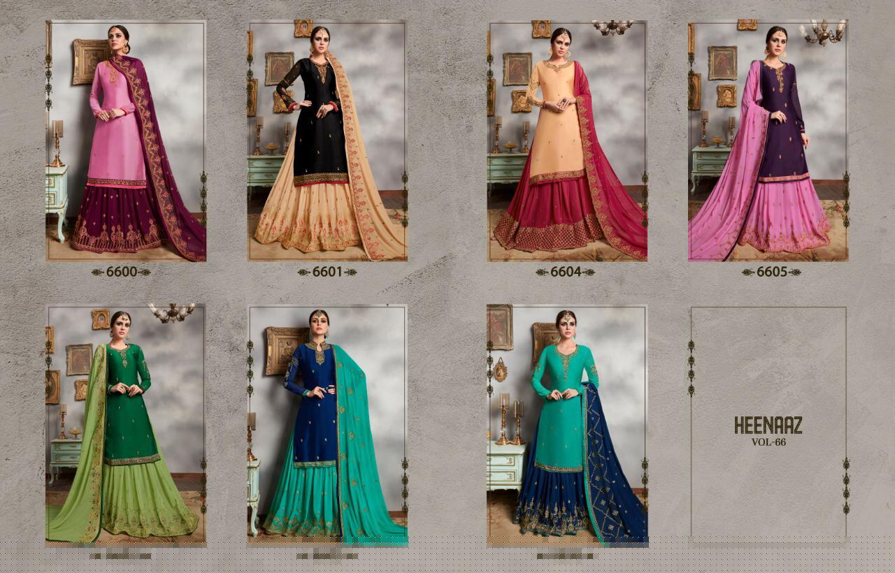 Heenaz Vol-66 By Mahaveer Fashion 6600 To 6606 Series Suits Beautiful Stylish Fancy Colorful Designer Party Wear & Ethnic Wear Satin Georgette With Heavy Embroidery Dresses At Wholesale Price