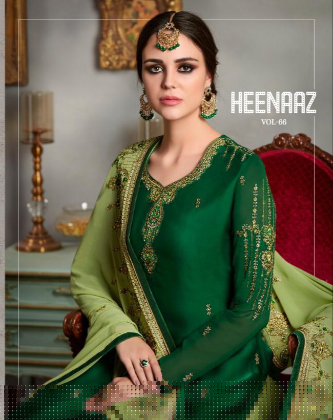 Heenaz Vol-66 By Mahaveer Fashion 6600 To 6606 Series Suits Beautiful Stylish Fancy Colorful Designer Party Wear & Ethnic Wear Satin Georgette With Heavy Embroidery Dresses At Wholesale Price