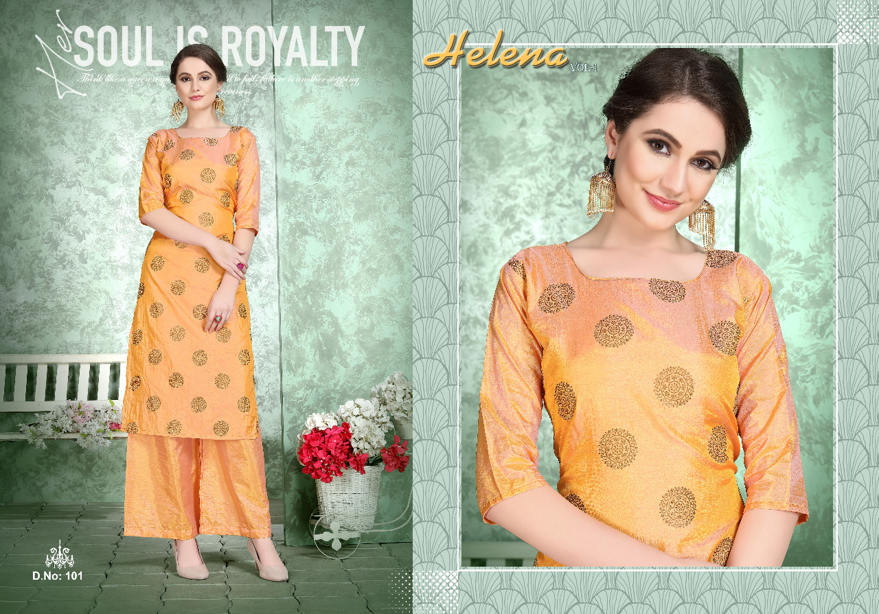 Helena Vol-1 By Helena 101 To 105 Series Designer Collection Beautiful Stylish Colorful Fancy Party Wear & Occasional Wear Two Tone Silk Foil Printed Kurtis With Bottom At Wholesale Price