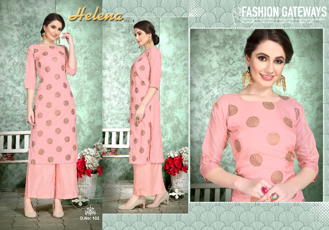 Helena Vol-1 By Helena 101 To 105 Series Designer Collection Beautiful Stylish Colorful Fancy Party Wear & Occasional Wear Two Tone Silk Foil Printed Kurtis With Bottom At Wholesale Price