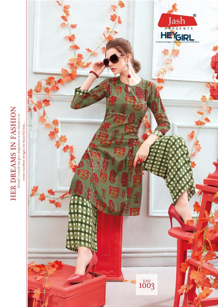 Hey Girl Vol-1 By Jash Enterprise 1001 To 1008 Series Beautiful Stylish Fancy Colorful Casual Wear & Ethnic Wear & Ready To Wear Heavy Rayon Printed Kurtis With Palazzo At Wholesale Price