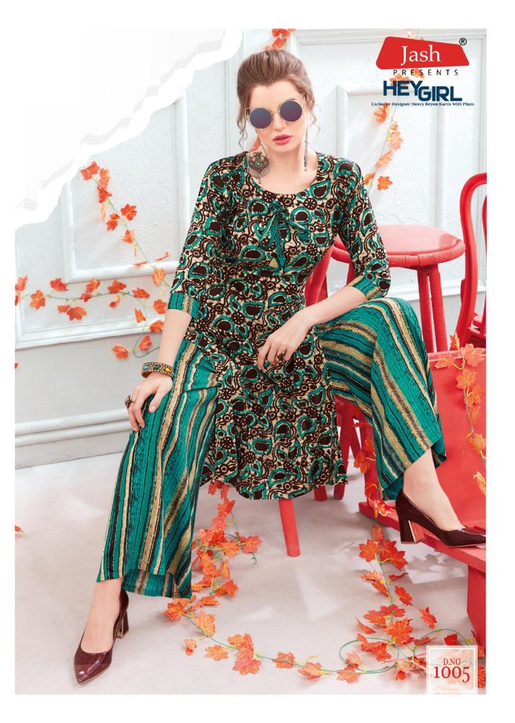 Hey Girl Vol-1 By Jash Enterprise 1001 To 1008 Series Beautiful Stylish Fancy Colorful Casual Wear & Ethnic Wear & Ready To Wear Heavy Rayon Printed Kurtis With Palazzo At Wholesale Price