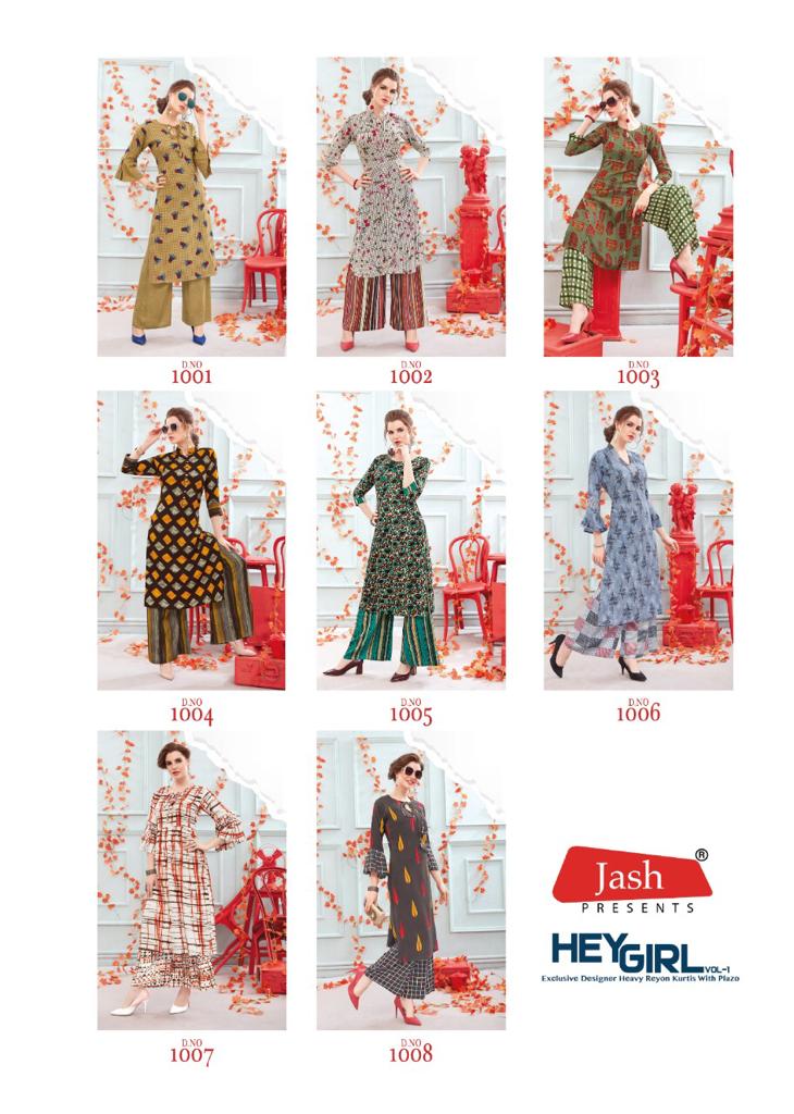 Hey Girl Vol-1 By Jash Enterprise 1001 To 1008 Series Beautiful Stylish Fancy Colorful Casual Wear & Ethnic Wear & Ready To Wear Heavy Rayon Printed Kurtis With Palazzo At Wholesale Price