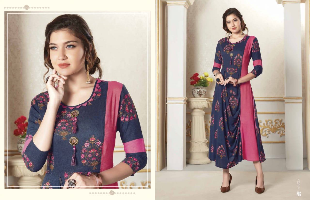 Hinaya Vol-1 By Mansukh Fashion 701 To 709 Series Beautiful Colorful Stylish Fancy Casual Wear & Ethnic Wear & Ready To Wear Heavy Rayon & Cotton Printed Kurtis At Wholesale Price