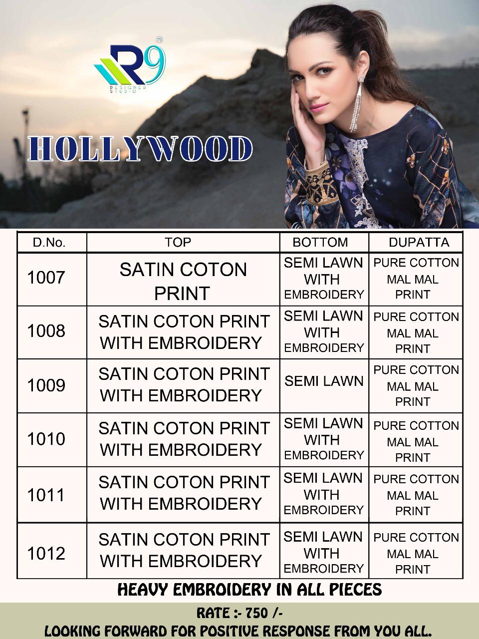 Hollywood By R9 1007 To 1012 Series Beautiful Pakistani Suits Stylish Fancy Colorful Party Wear & Ethnic Wear Satin Cotton Print With Embroidered Dresses At Wholesale Price