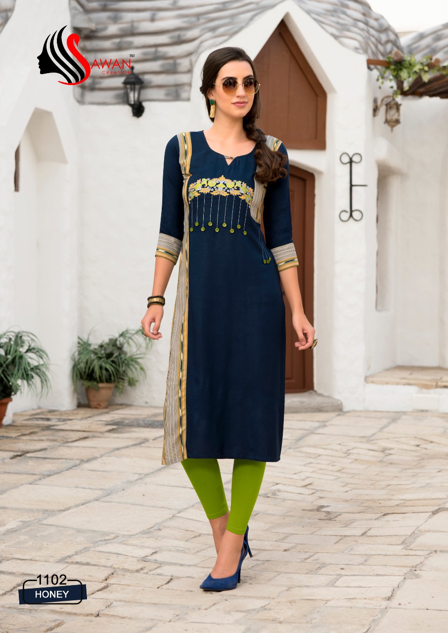 Honey Vol-11 By Sawan Creation 1101 To 1112 Series Beautiful Stylish Colorful Fancy Party Wear & Ethnic Wear & Ready To Wear Heavy Rayon Embroidered Kurtis At Wholesale Price