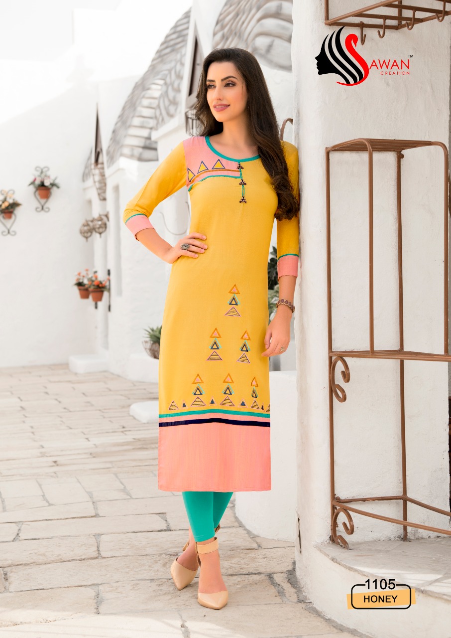 Honey Vol-11 By Sawan Creation 1101 To 1112 Series Beautiful Stylish Colorful Fancy Party Wear & Ethnic Wear & Ready To Wear Heavy Rayon Embroidered Kurtis At Wholesale Price
