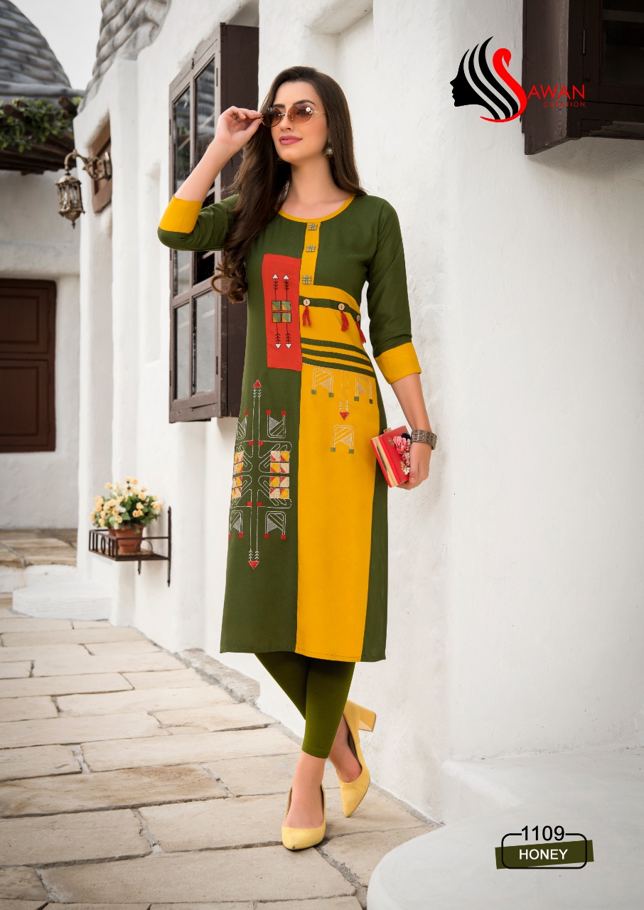 Honey Vol-11 By Sawan Creation 1101 To 1112 Series Beautiful Stylish Colorful Fancy Party Wear & Ethnic Wear & Ready To Wear Heavy Rayon Embroidered Kurtis At Wholesale Price