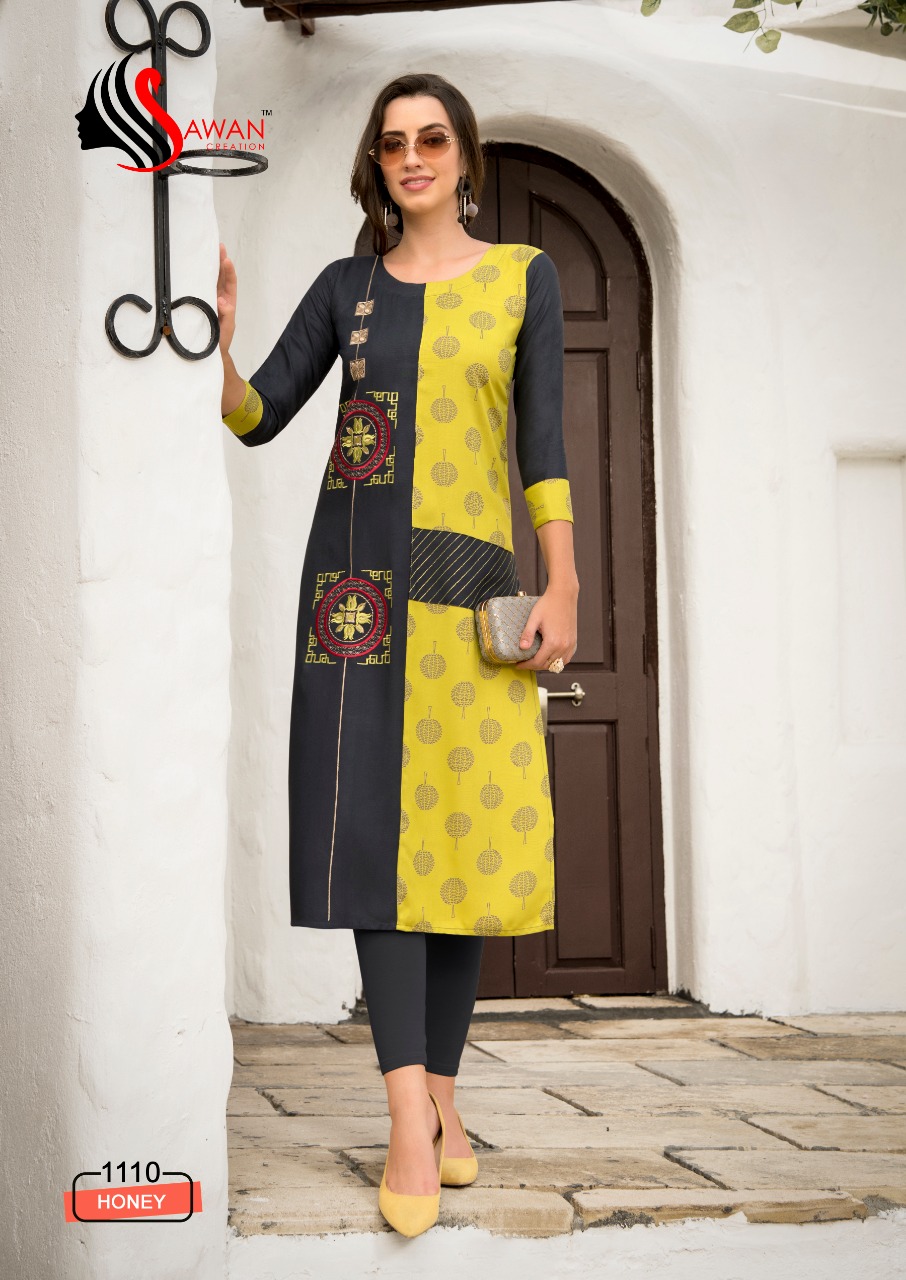 Honey Vol-11 By Sawan Creation 1101 To 1112 Series Beautiful Stylish Colorful Fancy Party Wear & Ethnic Wear & Ready To Wear Heavy Rayon Embroidered Kurtis At Wholesale Price
