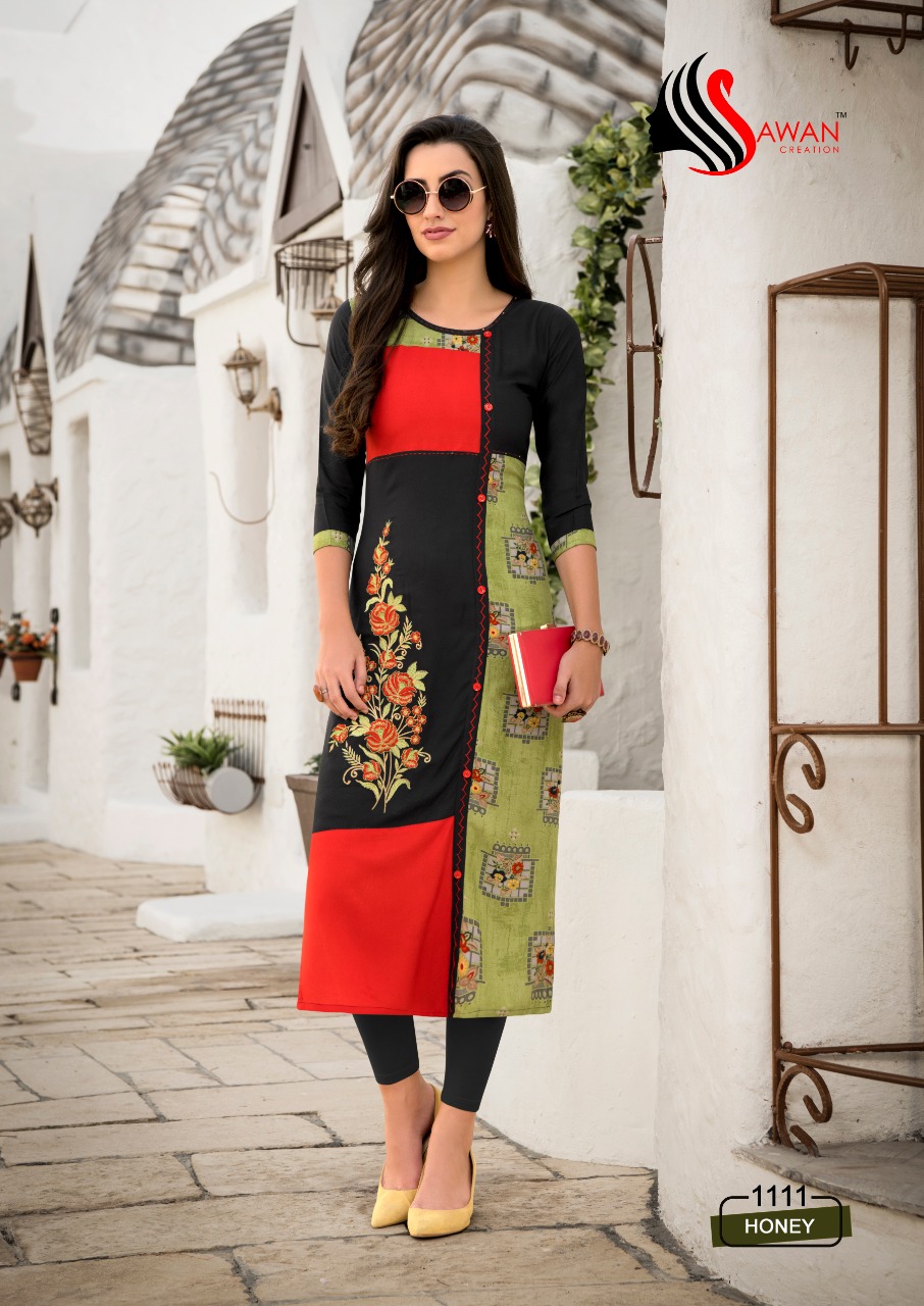 Honey Vol-11 By Sawan Creation 1101 To 1112 Series Beautiful Stylish Colorful Fancy Party Wear & Ethnic Wear & Ready To Wear Heavy Rayon Embroidered Kurtis At Wholesale Price