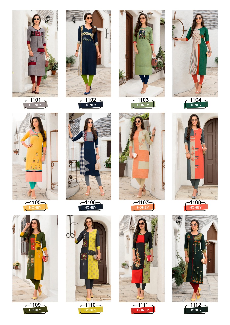 Honey Vol-11 By Sawan Creation 1101 To 1112 Series Beautiful Stylish Colorful Fancy Party Wear & Ethnic Wear & Ready To Wear Heavy Rayon Embroidered Kurtis At Wholesale Price