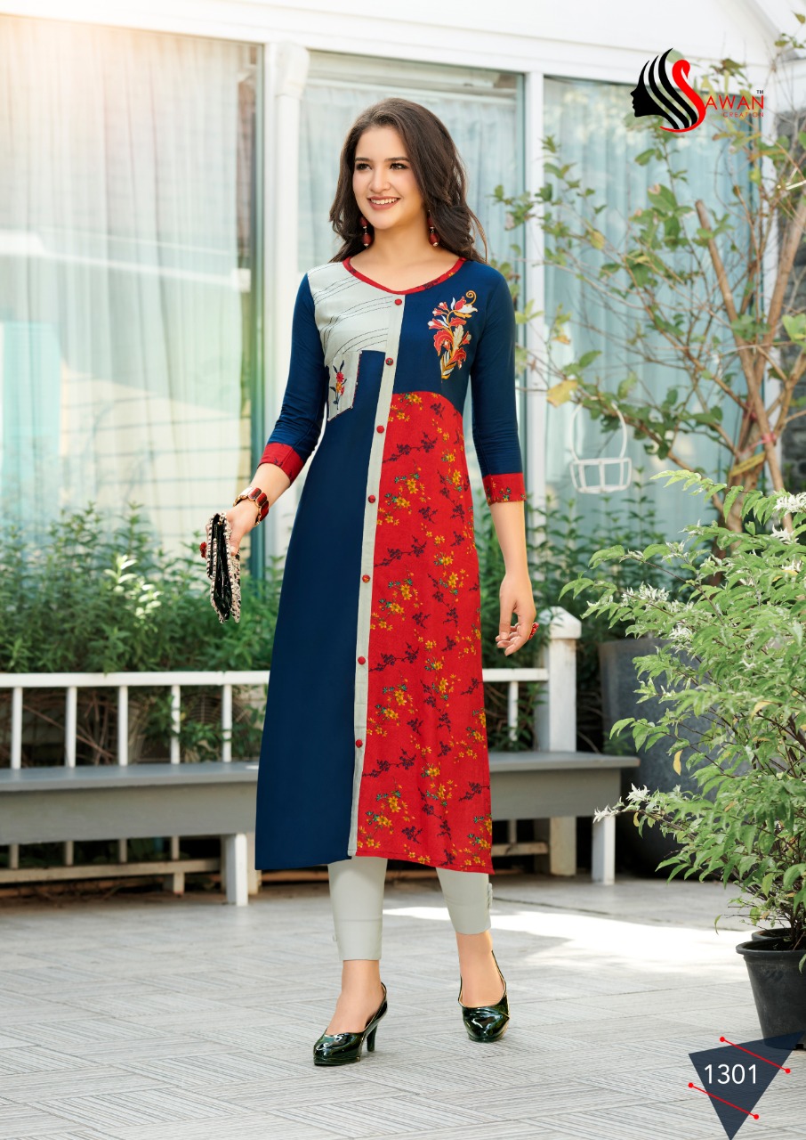 Honey Vol-13 By Sawan Creation 1301 To 1312 Series Beautiful Stylish Fancy Colorful Casual Wear & Ethnic Wear & Ready To Wear Heavy Rayon Printed With Embroidery Kurtis At Wholesale Price