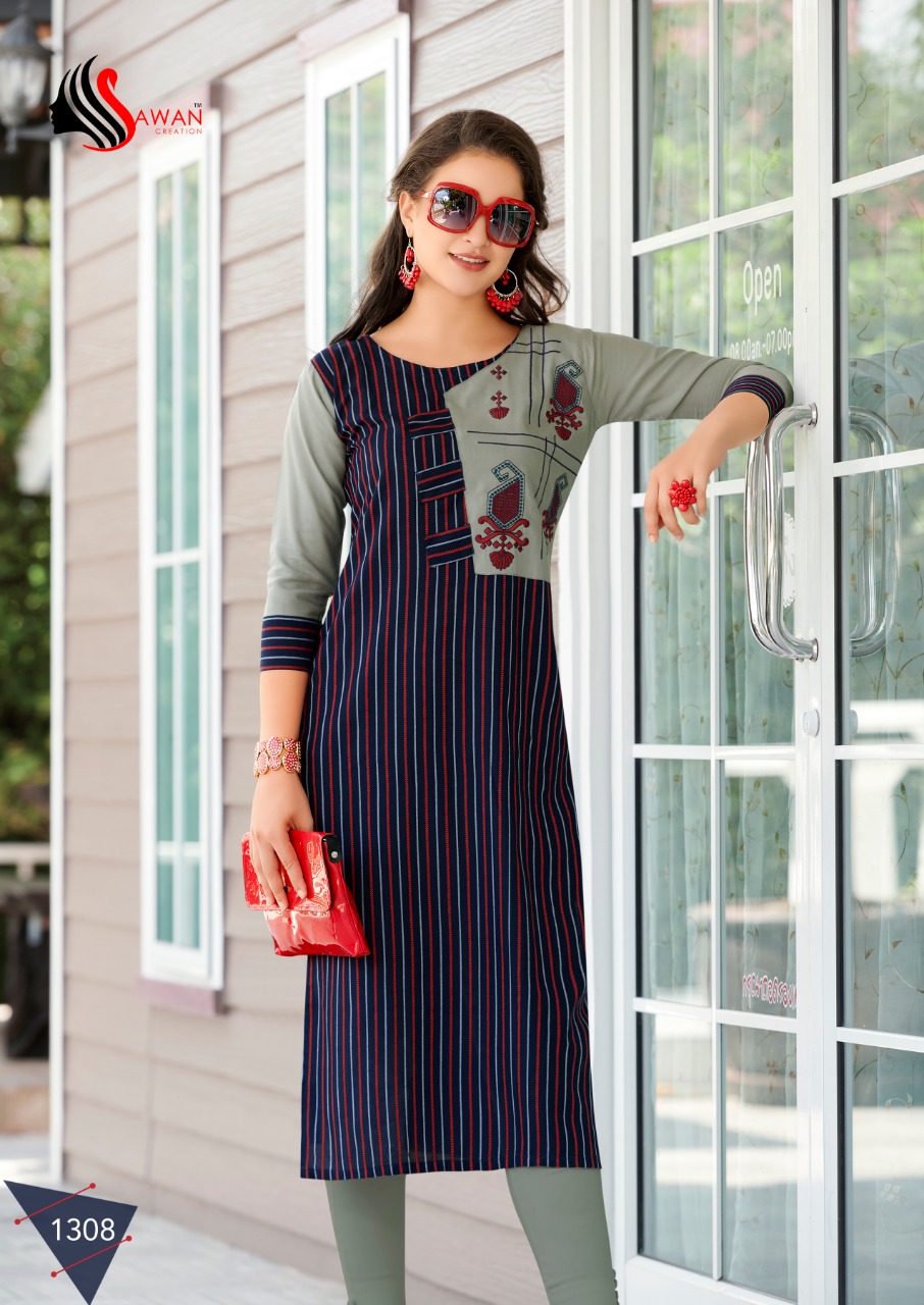 Honey Vol-13 By Sawan Creation 1301 To 1312 Series Beautiful Stylish Fancy Colorful Casual Wear & Ethnic Wear & Ready To Wear Heavy Rayon Printed With Embroidery Kurtis At Wholesale Price