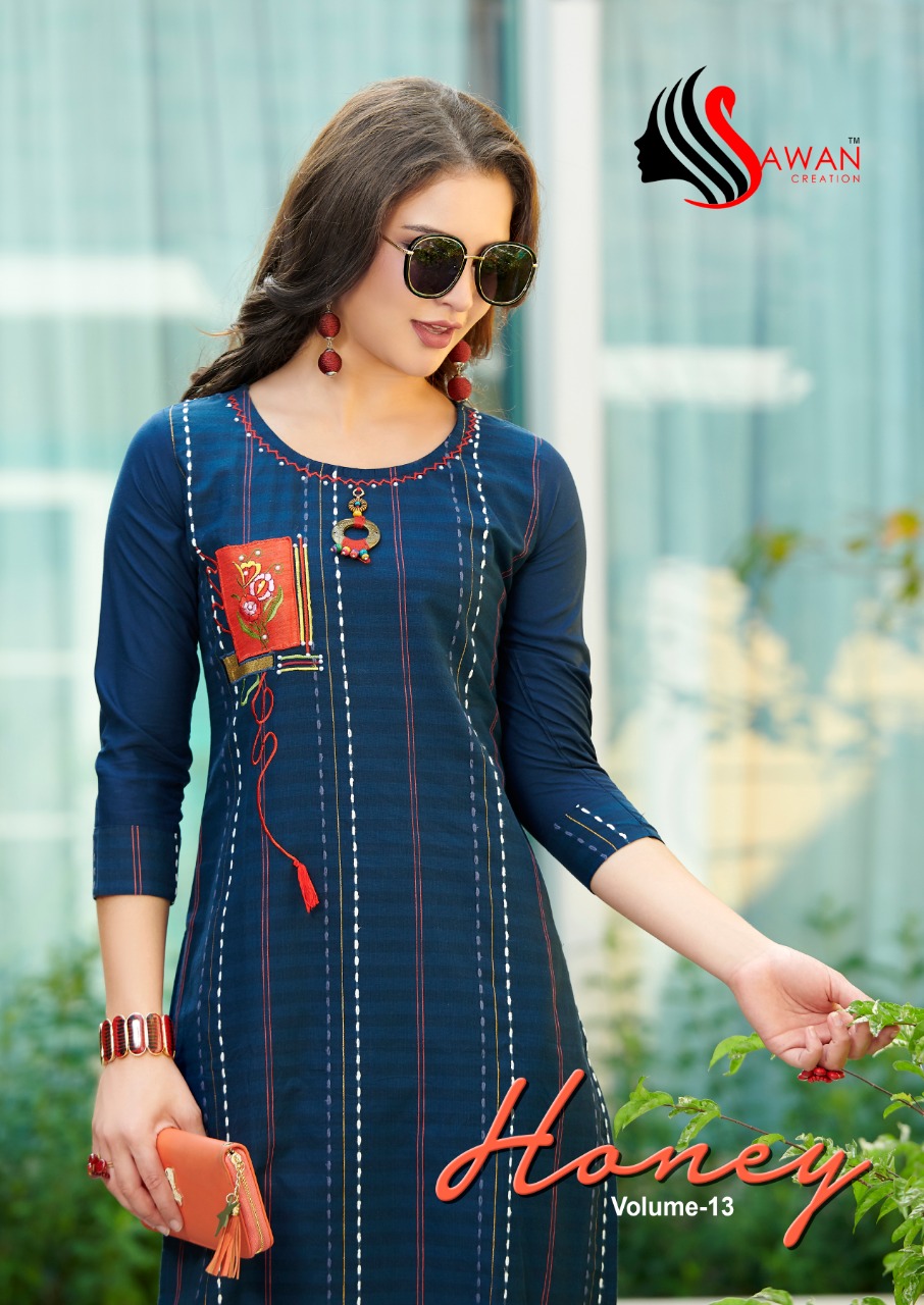 Honey Vol-13 By Sawan Creation 1301 To 1312 Series Beautiful Stylish Fancy Colorful Casual Wear & Ethnic Wear & Ready To Wear Heavy Rayon Printed With Embroidery Kurtis At Wholesale Price