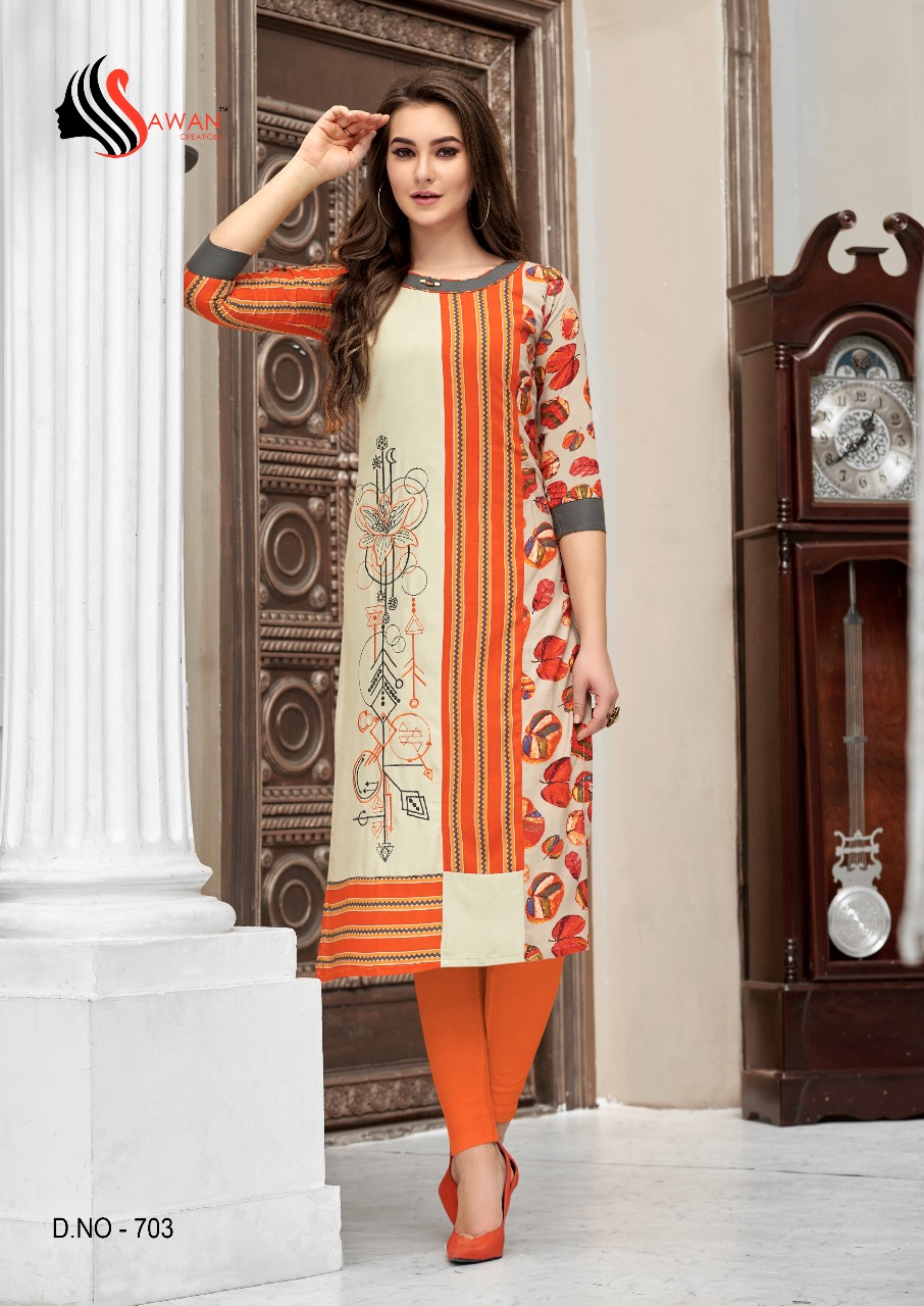 Honey Vol-7 By Sawan Creation 701 To 714 Series Beautiful Colorful Stylish Fancy Casual Wear & Ethnic Wear & Ready To Wear Heavy Rayon Printed Kurtis At Wholesale Price