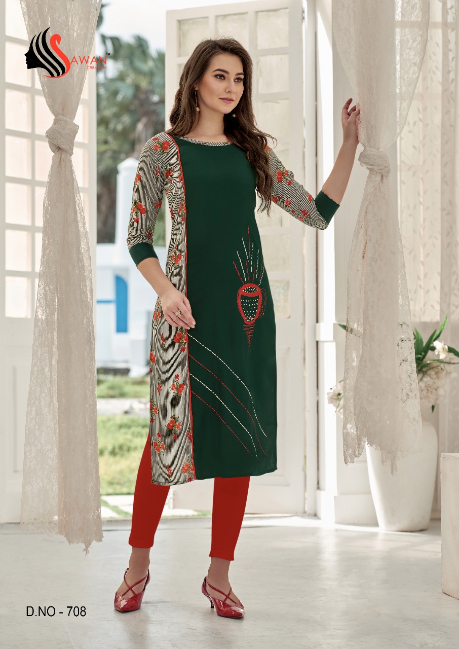 Honey Vol-7 By Sawan Creation 701 To 714 Series Beautiful Colorful Stylish Fancy Casual Wear & Ethnic Wear & Ready To Wear Heavy Rayon Printed Kurtis At Wholesale Price
