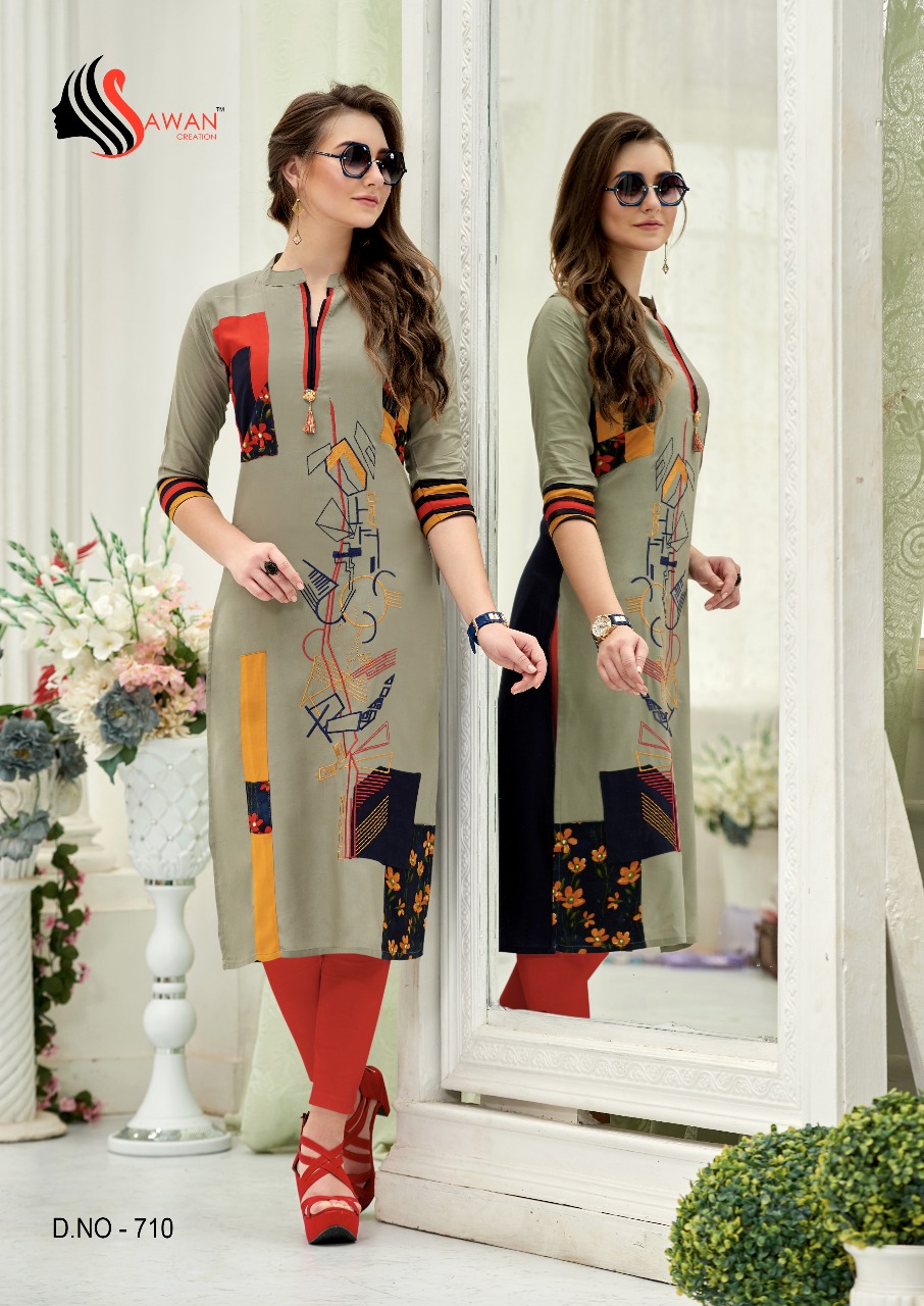 Honey Vol-7 By Sawan Creation 701 To 714 Series Beautiful Colorful Stylish Fancy Casual Wear & Ethnic Wear & Ready To Wear Heavy Rayon Printed Kurtis At Wholesale Price