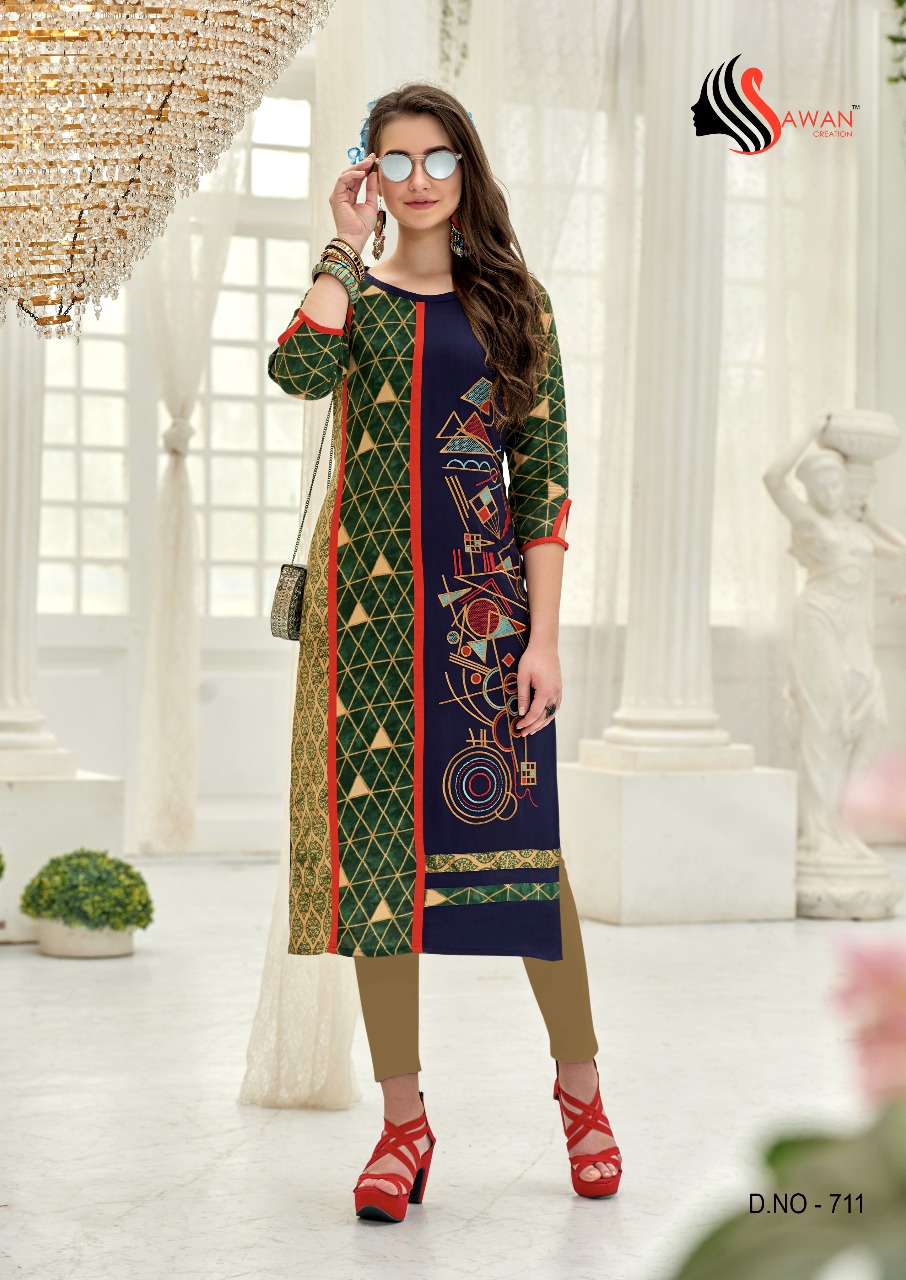 Honey Vol-7 By Sawan Creation 701 To 714 Series Beautiful Colorful Stylish Fancy Casual Wear & Ethnic Wear & Ready To Wear Heavy Rayon Printed Kurtis At Wholesale Price