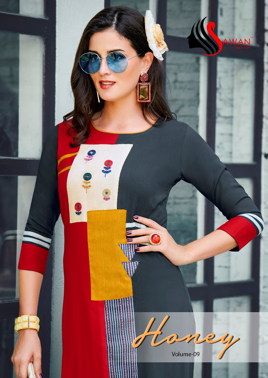 Honey Vol-9 By Sawan Creation 901 To 912 Series Beautiful Stylish Fancy Colorful Casual Wear & Ethnic Wear & Ready To Wear Heavy Rayon Printed Kurtis At Wholesale Price