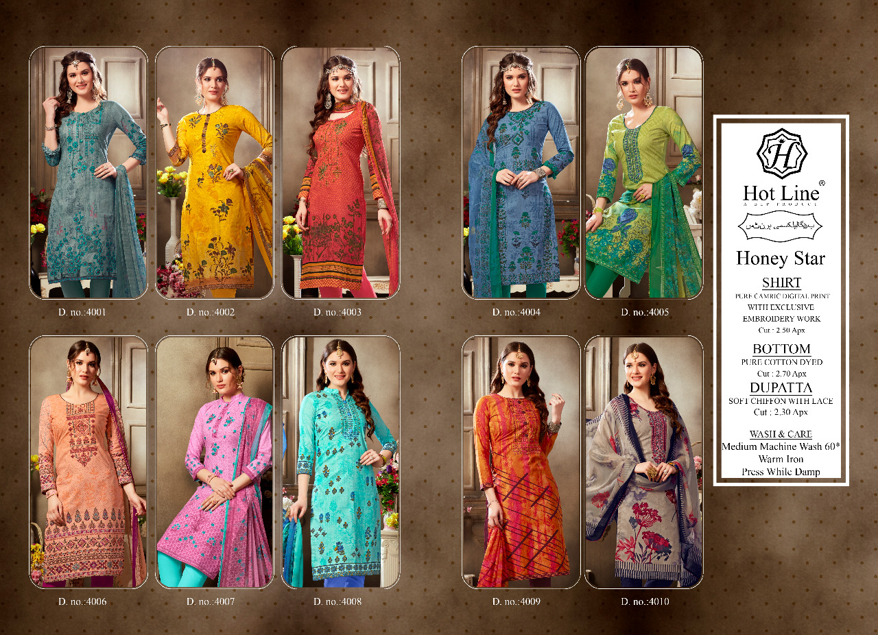 Honey Star Vol-4 By Hot Line 4001 To 4010 Series Designer Collection Beautiful Stylish Fancy Colorful Party Wear & Occasional Wear Pure Cambric Digital Style Printed Dresses At Wholesale Price