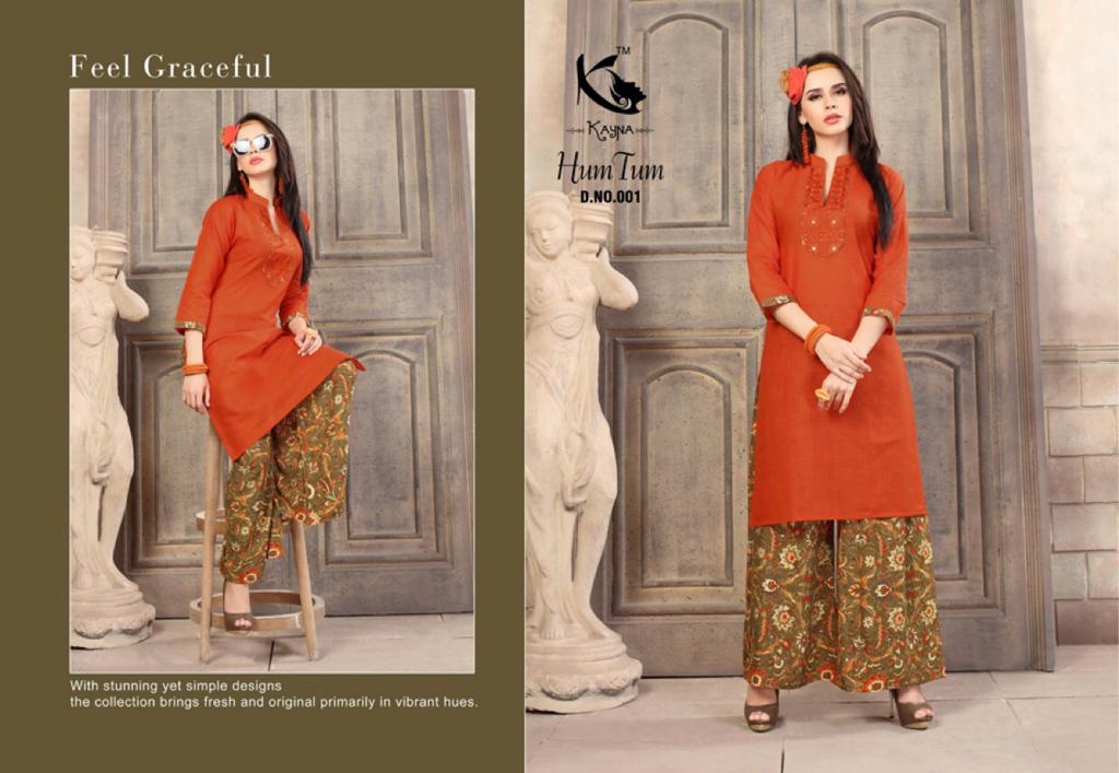 Hum Tum By Kayna 001 To 010 Series Beautiful Colorful Stylish Fancy Casual Wear & Ethnic Wear & Ready To Wear Cotton Slub & Rayon Printed Kurtis & Palazzos At Wholesale Price