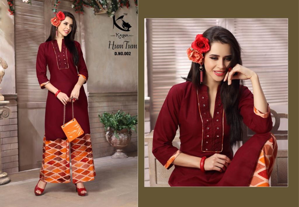Hum Tum By Kayna 001 To 010 Series Beautiful Colorful Stylish Fancy Casual Wear & Ethnic Wear & Ready To Wear Cotton Slub & Rayon Printed Kurtis & Palazzos At Wholesale Price