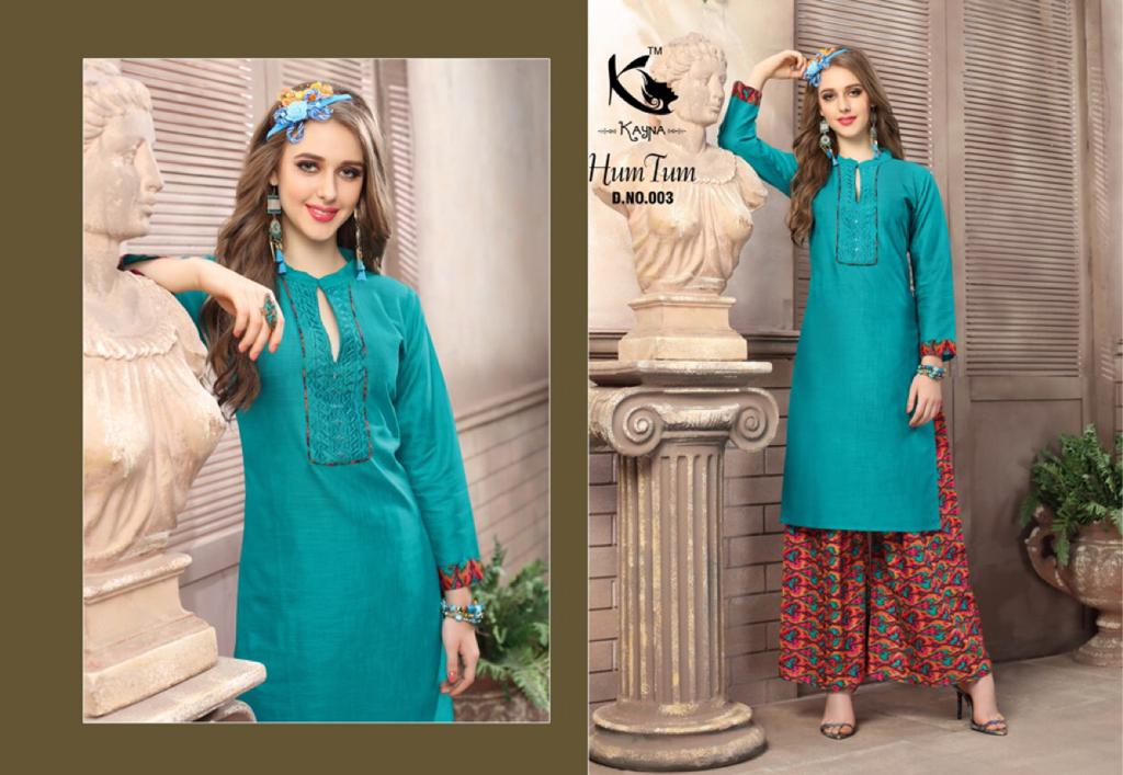 Hum Tum By Kayna 001 To 010 Series Beautiful Colorful Stylish Fancy Casual Wear & Ethnic Wear & Ready To Wear Cotton Slub & Rayon Printed Kurtis & Palazzos At Wholesale Price
