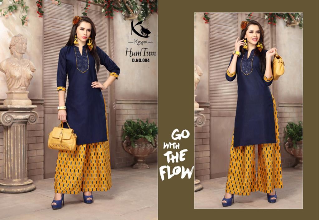 Hum Tum By Kayna 001 To 010 Series Beautiful Colorful Stylish Fancy Casual Wear & Ethnic Wear & Ready To Wear Cotton Slub & Rayon Printed Kurtis & Palazzos At Wholesale Price