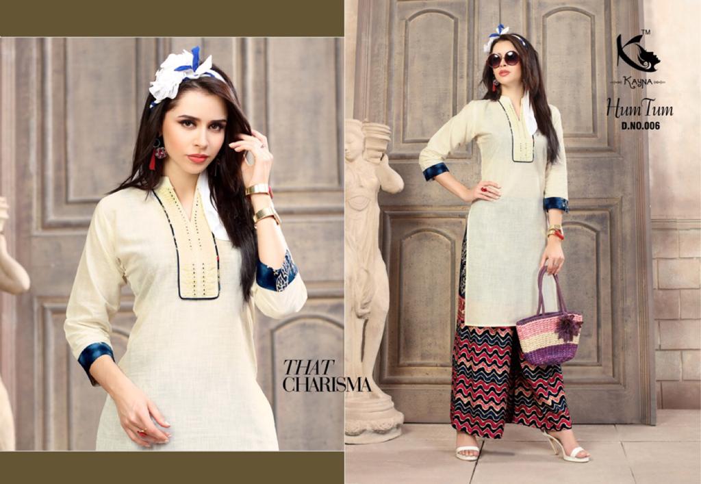 Hum Tum By Kayna 001 To 010 Series Beautiful Colorful Stylish Fancy Casual Wear & Ethnic Wear & Ready To Wear Cotton Slub & Rayon Printed Kurtis & Palazzos At Wholesale Price