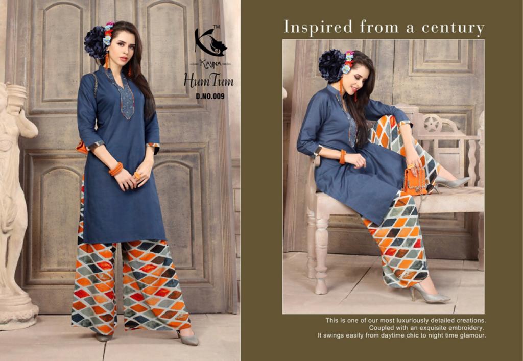 Hum Tum By Kayna 001 To 010 Series Beautiful Colorful Stylish Fancy Casual Wear & Ethnic Wear & Ready To Wear Cotton Slub & Rayon Printed Kurtis & Palazzos At Wholesale Price
