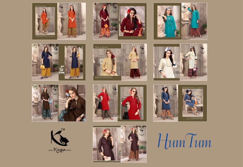 Hum Tum By Kayna 001 To 010 Series Beautiful Colorful Stylish Fancy Casual Wear & Ethnic Wear & Ready To Wear Cotton Slub & Rayon Printed Kurtis & Palazzos At Wholesale Price