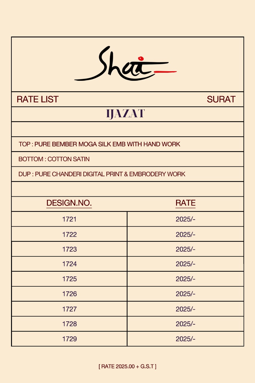 Ijazat By Shai 1721 To 1729 Series Beautiful Suits Stylish Colorful Fancy Casual Wear & Ethnic Wear Pure Bember Moga Silk Embroidery Dresses At Wholesale Price