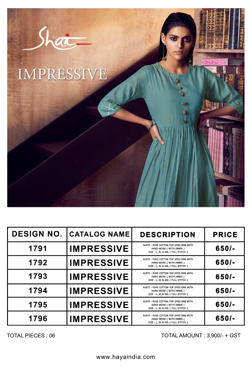 Impressive By Shai 1791 To 1796 Series Beautiful Stylish Colorful Fancy Party Wear & Ethnic Wear & Ready To Wear Pure Cotton Top Dyed Embroidery Kurtis At Wholesale Price