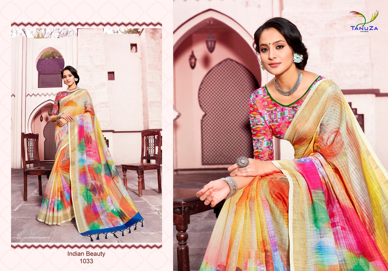 Indian Beauty Vol-3 By Tanuza Fashion 1033 To 1043 Indian Traditional Wear Collection Beautiful Stylish Fancy Colorful Party Wear & Occasional Wear Pure Linen Sarees At Wholesale Price