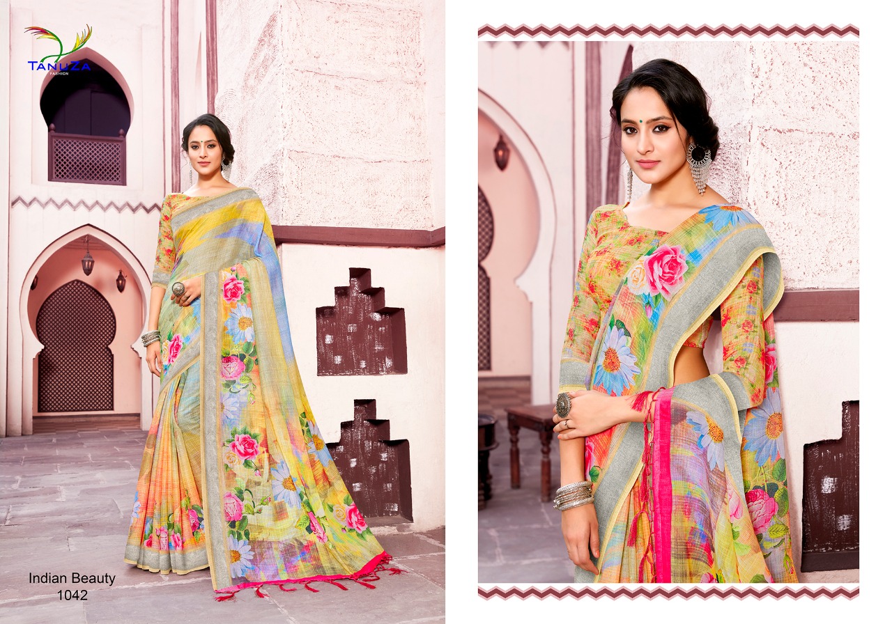 Indian Beauty Vol-3 By Tanuza Fashion 1033 To 1043 Indian Traditional Wear Collection Beautiful Stylish Fancy Colorful Party Wear & Occasional Wear Pure Linen Sarees At Wholesale Price