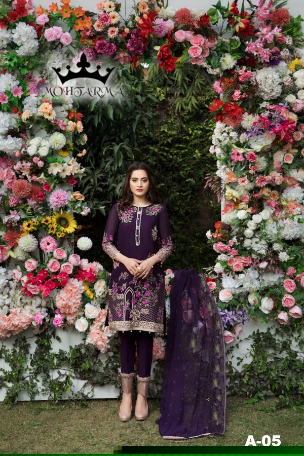 Intizaar By Mohtarma Fabrics 01 To 05 Series Designer Pakistani Suits Embroidered Stylish Fancy Beautiful Colorful Faux Georgette Dresses At Wholesale Price