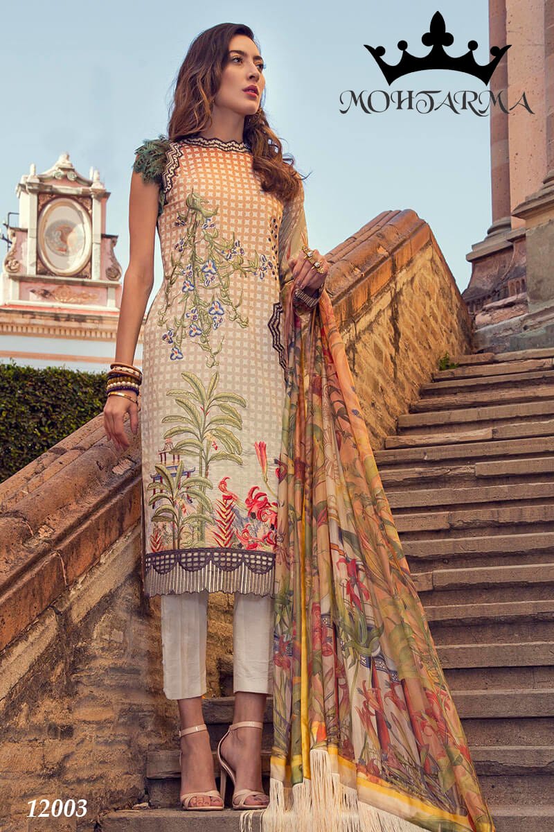Intizar Vol-2 By Mohtarma Fabrics 12001 To 12005 Series Designer Pakistani Suits Embroidered Stylish Fancy Beautiful Colorful Cambric Cotton Digital Printed Dresses At Wholesale Price