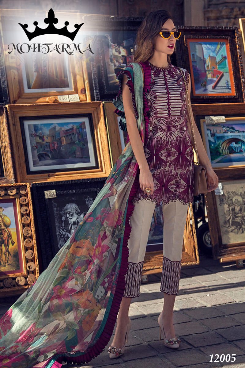 Intizar Vol-2 By Mohtarma Fabrics 12001 To 12005 Series Designer Pakistani Suits Embroidered Stylish Fancy Beautiful Colorful Cambric Cotton Digital Printed Dresses At Wholesale Price