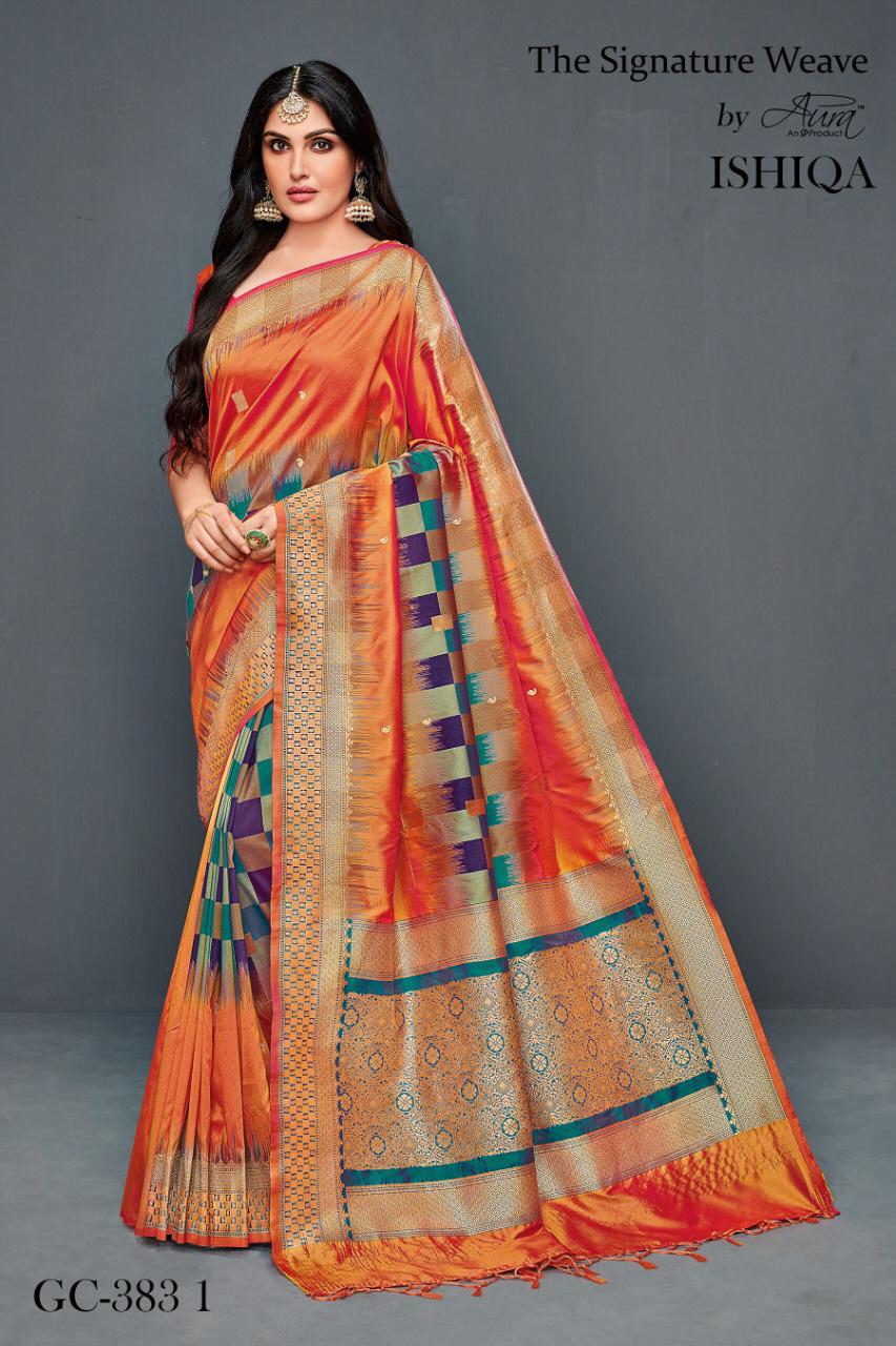 Ishiqa By Aura 3831 To 3836 Series Indian Traditional Wear Collection Beautiful Stylish Fancy Colorful Party Wear & Occasional Wear Lichi Silk Printed Sarees At Wholesale Price