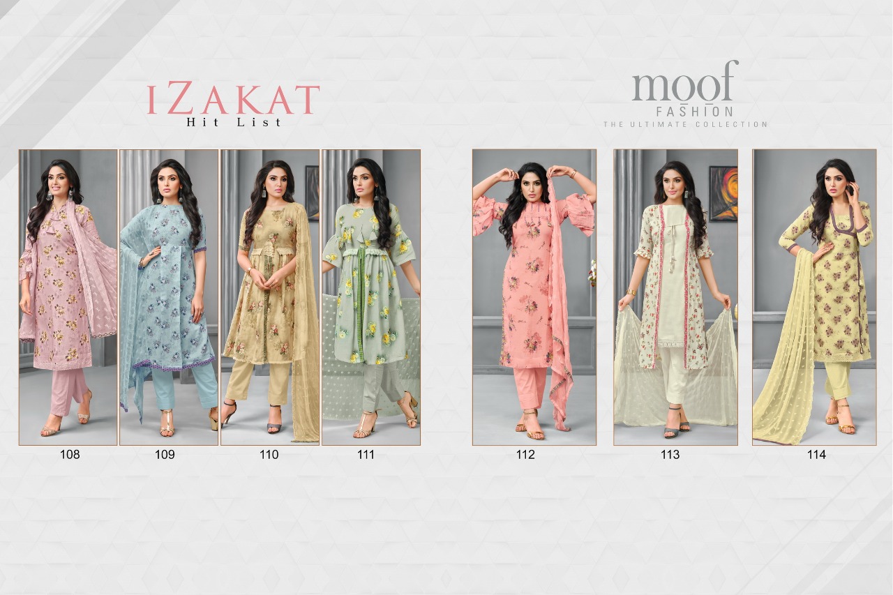 Izakat Hit List By Moof Fashion 108 To 114 Series Beautiful Stylish Fancy Colorful Casual Wear & Ethnic Wear Cotton Satin Printed Dresses At Wholesale Price