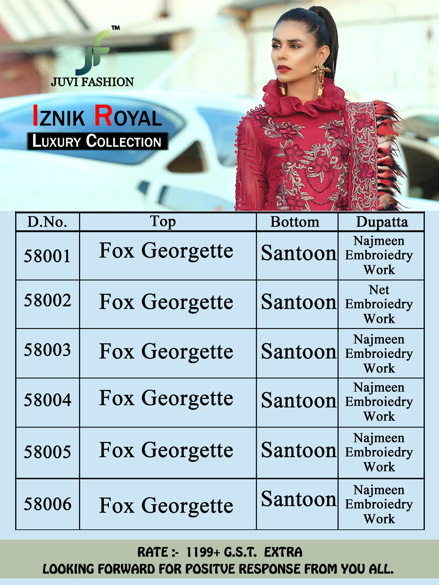 Iznik Royal Luxury Collection By Juvi Fashion 58001 To 58006 Series Pakistani Designer Suits Collection Beautiful Stylish Fancy Colorful Party Wear & Occasional Wear Faux Georgette Dresses At Wholesale Price