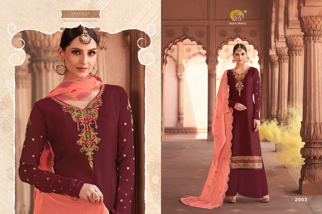 Jannat By Rashi Prints 2001 To 2005 Series Indian Traditional Wear Collection Beautiful Stylish Fancy Colorful Party Wear & Occasional Wear Georgette Sartin With Heavy Work Dresses At Wholesale Price