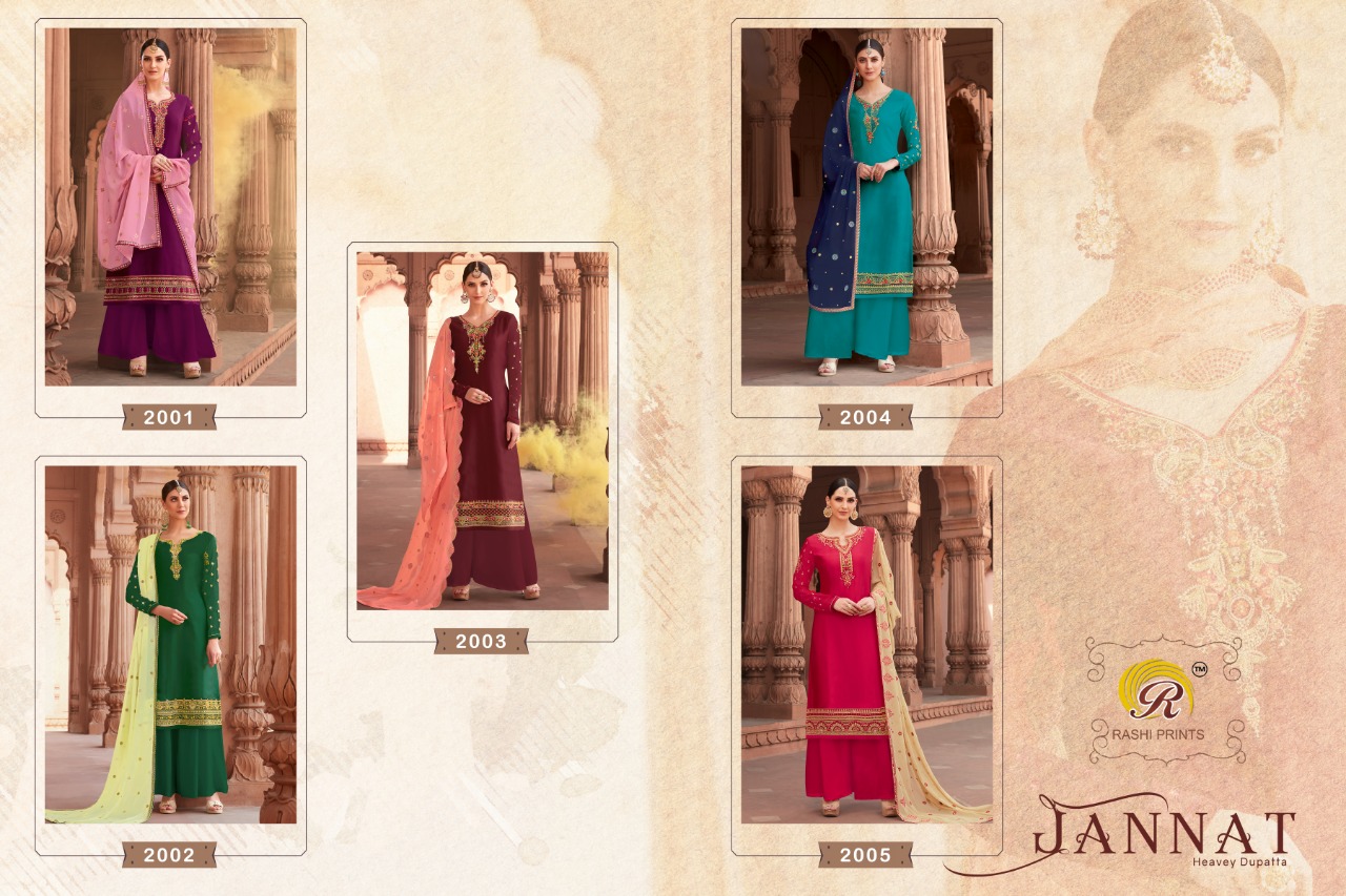 Jannat By Rashi Prints 2001 To 2005 Series Indian Traditional Wear Collection Beautiful Stylish Fancy Colorful Party Wear & Occasional Wear Georgette Sartin With Heavy Work Dresses At Wholesale Price
