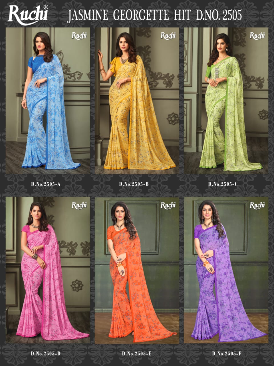 Jasmin 2505 By Ruchi Saree 2505-a To 2505-f Series Designer Beautiful Colorful Stylish Wedding Collection Party Wear & Occasional Wear Georgette Printed Sarees At Wholesale Price