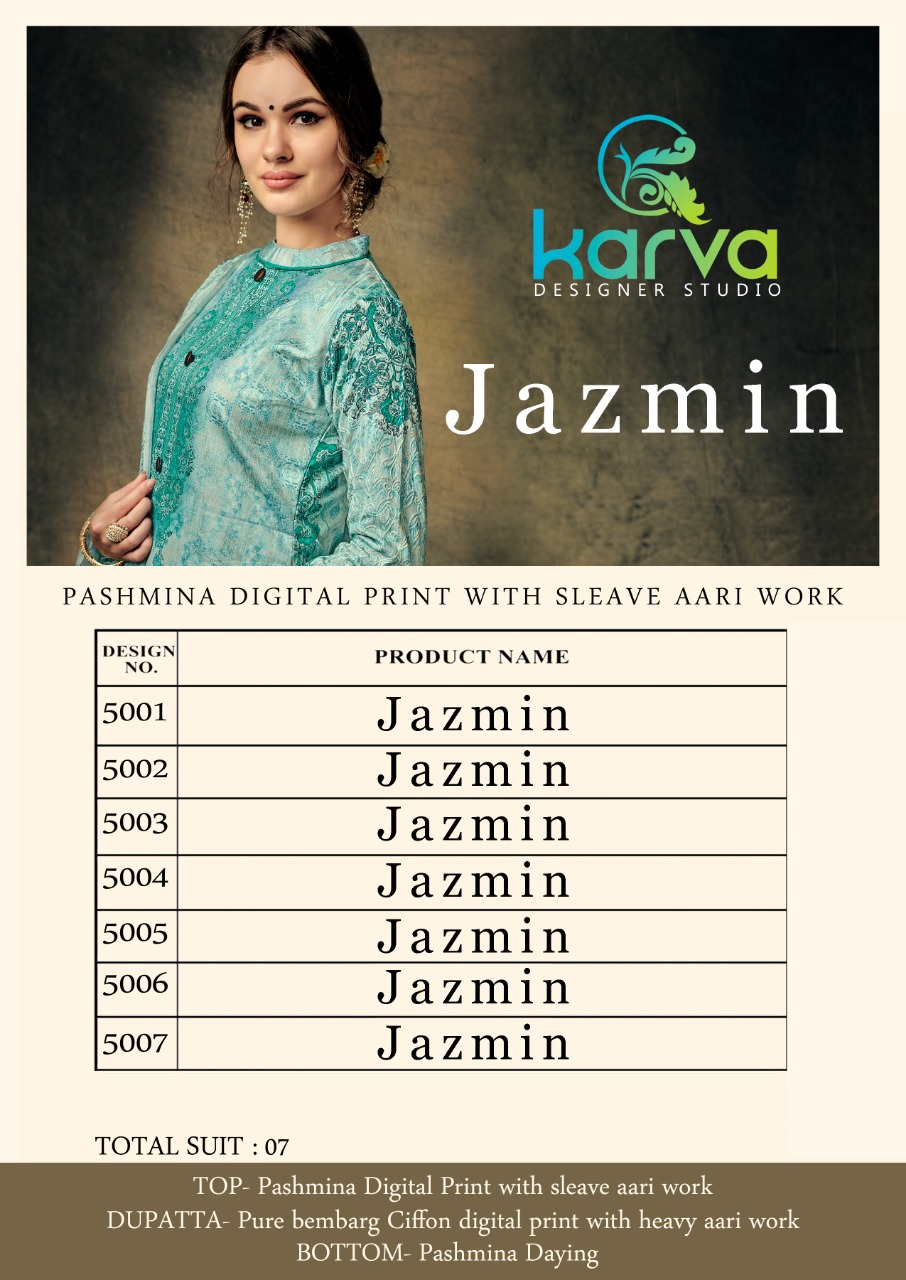 Jazmin By Karva Designer Studio 5001 To 5007 Series Winter Collection Suits Beautiful Suits Stylish Fancy Colorful Winter Wear & Ethnic Wear Collection Pure Pashmina Dresses At Wholesale Price