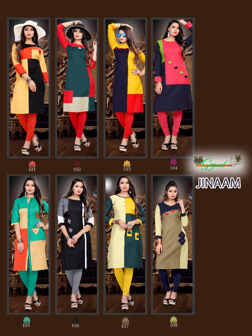 Jinaam Vol-1 By Gopal 101 To 108 Series Beautiful Colorful Stylish Fancy Party Wear & Ethnic Wear & Ready To Heavy Cotton Flex Kurtis At Wholesale Price