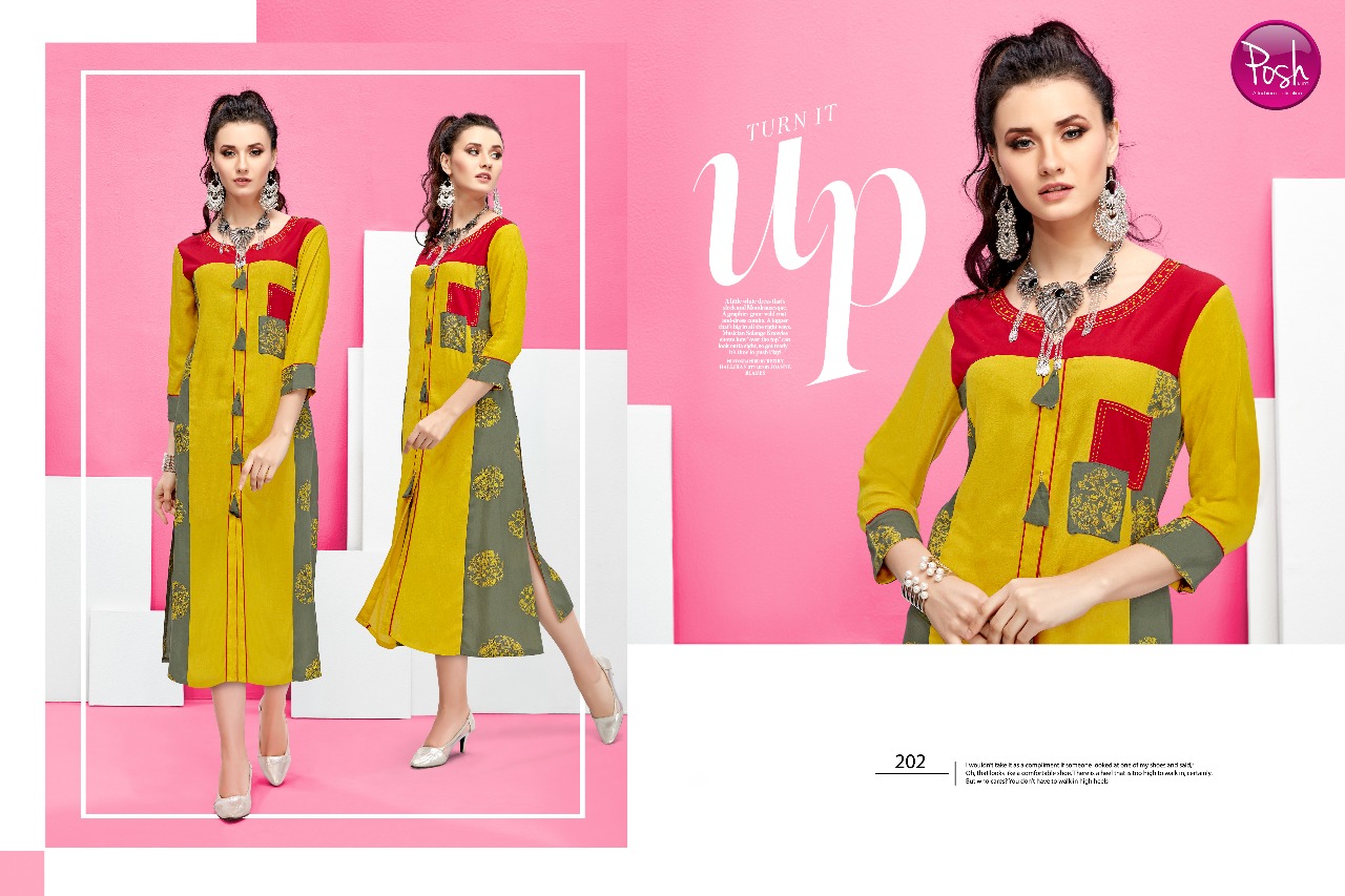 Kajo By Posh 201 To 206 Series Beautiful Stylish Fancy Colorful Casual Wear & Ethnic Wear & Ready To Wear Pure Rayon Printed Kurtis At Wholesale Price