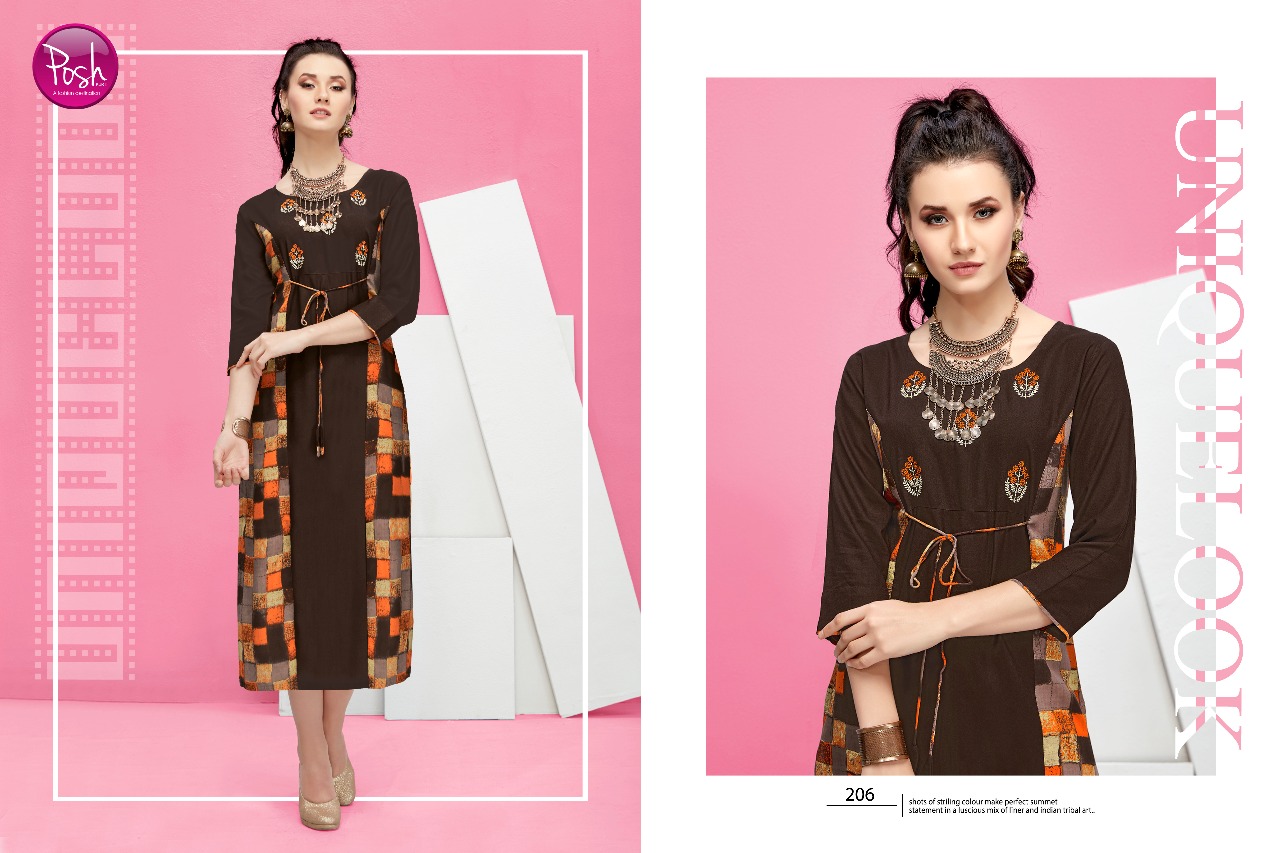 Kajo By Posh 201 To 206 Series Beautiful Stylish Fancy Colorful Casual Wear & Ethnic Wear & Ready To Wear Pure Rayon Printed Kurtis At Wholesale Price