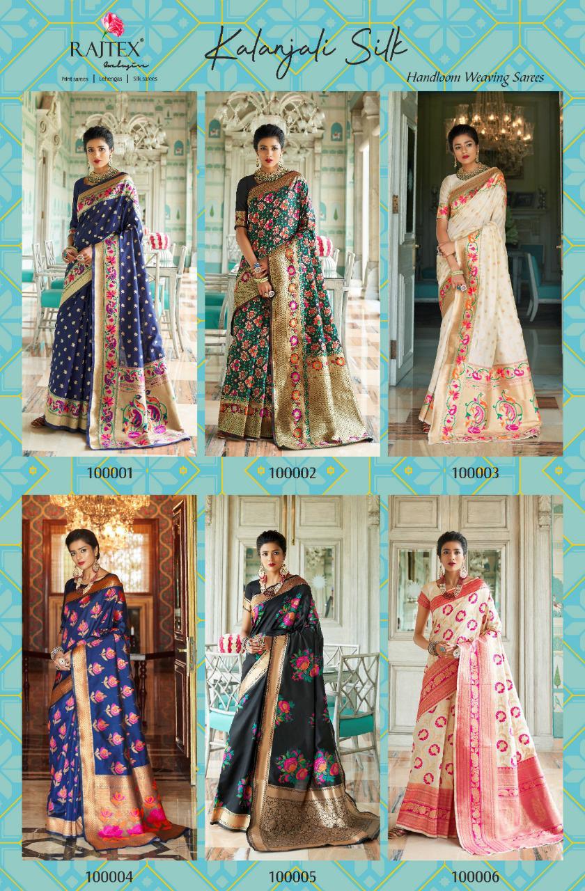 Kalanjali Silk By Raj Tex 100001 To 100006 Series Indian Traditional Wear Collection Beautiful Stylish Fancy Colorful Party Wear & Occasional Wear Handloom Weaving Silk Sarees At Wholesale Price